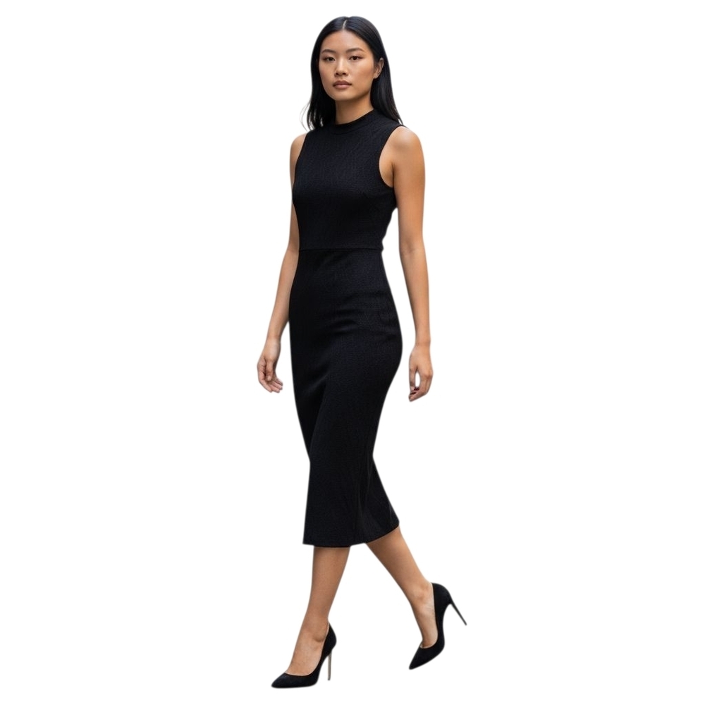 House of Harlow 1960 LBD Black Mock Neck Sleeveless Fitted Pencil Midi Dress, S